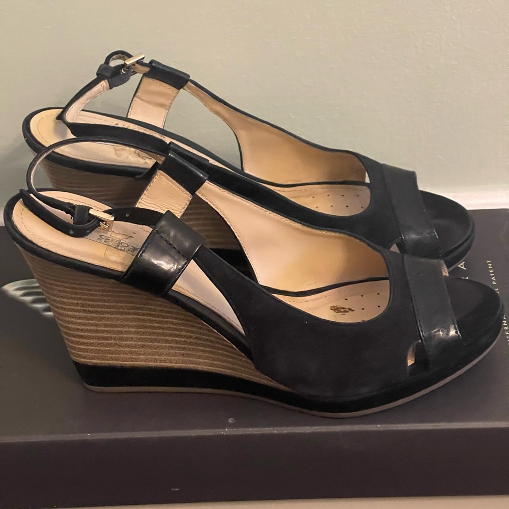 Geox Black Wedge Sandals with Ankle Strap size 8, Excellent condition!